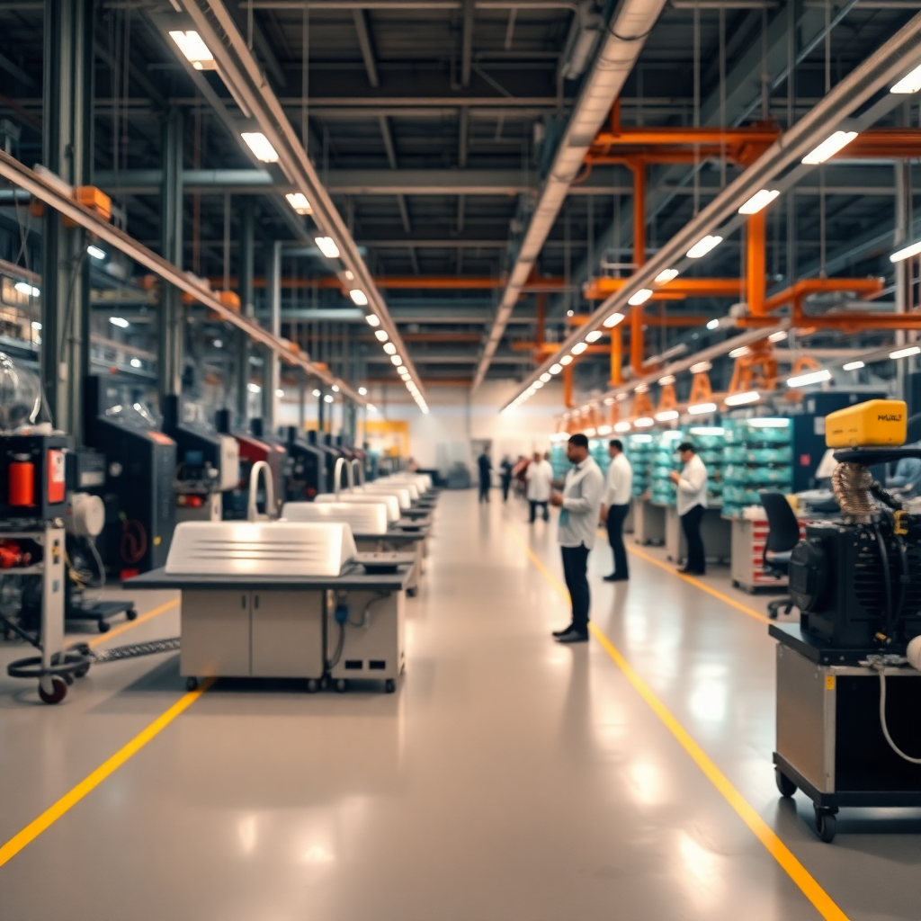 High-end industrial manufacturing facility, modern machinery, clean bright factory floor, professional engineers in background, deep depth of field, corporate B2B style, cinematic lighting